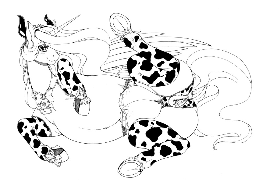 1girls alicorn anatomically_correct anatomically_correct_pussy animal_genitalia big_breasts breasts cow_horns cow_print crotchboobs equine fake_horns female female_only feral friendship_is_magic furry half-closed_eyes hooves huge_crotchboobs lactation line_art longinius looking_at_viewer milk monochrome my_little_pony princess_celestia_(mlp) smile solo spread_legs spreading white_background