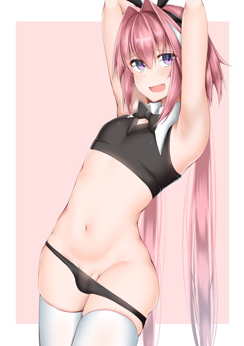 1boy arms_up astolfo_(fate) bangs black_panties commentary_request eyebrows_visible_through_hair fate/grand_order fate_(series) femboy highres kitajima_yuuki long_hair looking_at_viewer male_focus navel oerba_yun_fang panties penis pink_background pink_hair purple_eyes simple_background solo thighhighs trap underwear white_legwear