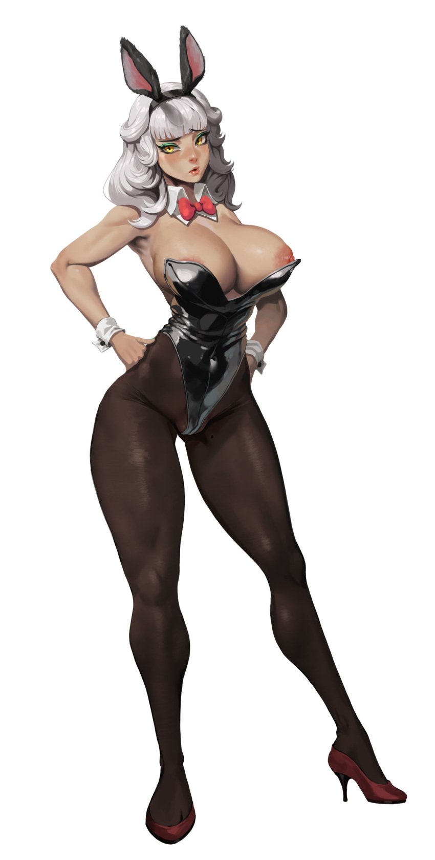 absurdres animal_ears bangs blush bow breasts bunny_ears bunnysuit covered_navel dark_skin eyeshadow fake_animal_ears female green_eyeshadow grey_hair hands_on_hips high_heels highres large_breasts league_of_legends long_hair makeup moonlit nipple_slip pantyhose parted_lips pink_lips qiyana_yunalai red_bow red_footwear red_neckwear simple_background solo standing white_background