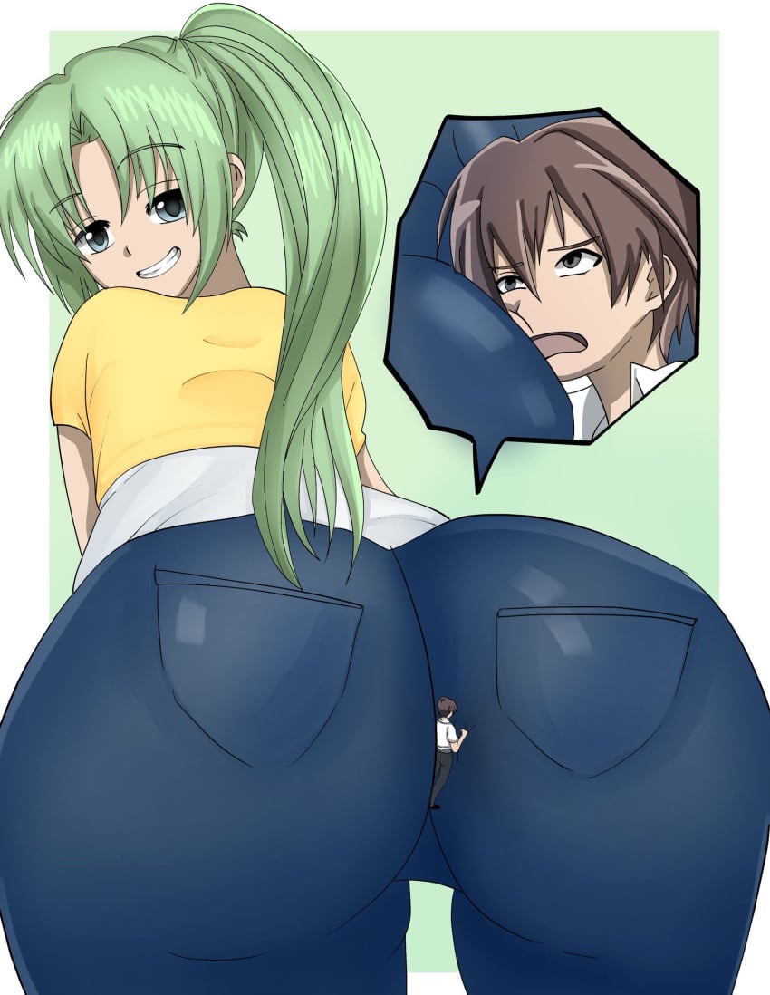 07th_expansion between_buttocks blue_eyes gigantic_ass green_hair grin grinning higurashi_no_naku_koro_ni huge_ass keiichi_maebara large_ass larger_female miniboy miniguy mion_sonozaki shrunk shrunken_male size_difference smaller_male smile smiling