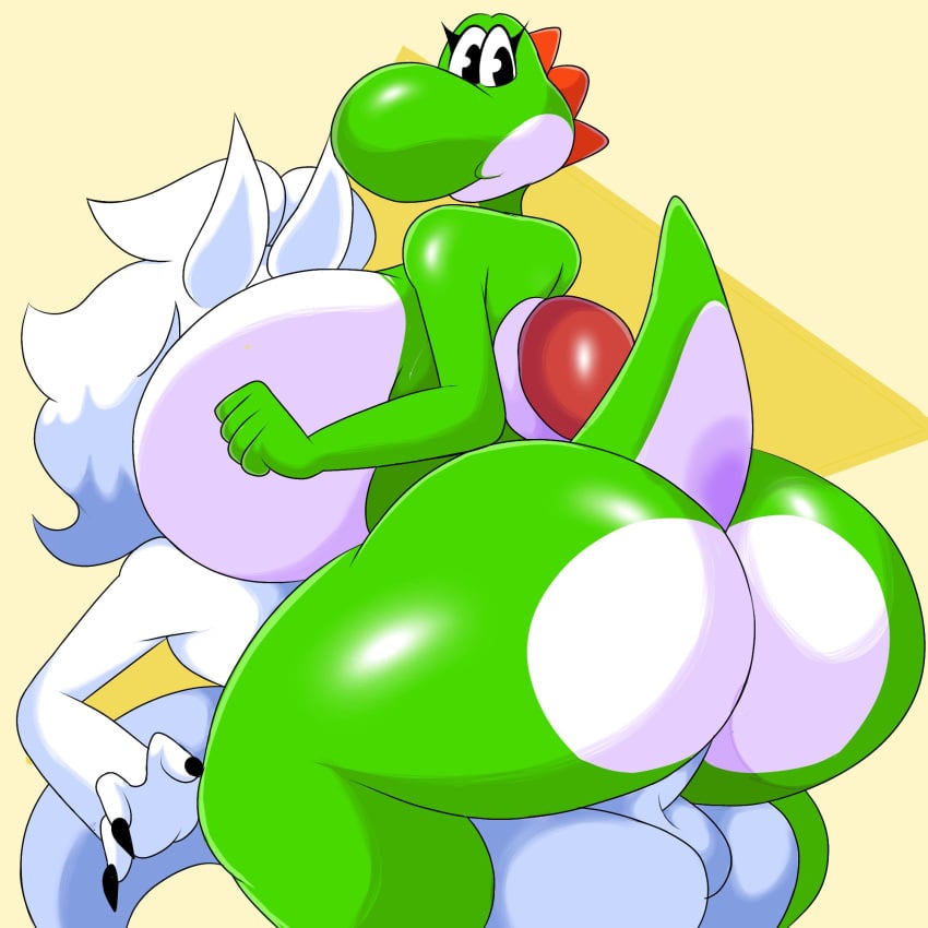 1:1 1boy 1girls alien anthro ass big_breasts big_butt breasts cowgirl_position dinosaur duo female focus hi_res horn humanoid itisjoidok joid_(itisjoidok) looking_back male mario_(series) nintendo on_top penetration reptile scalie sex simple_background solo solo_focus straight tail thick_thighs video_games wide_hips yoshi