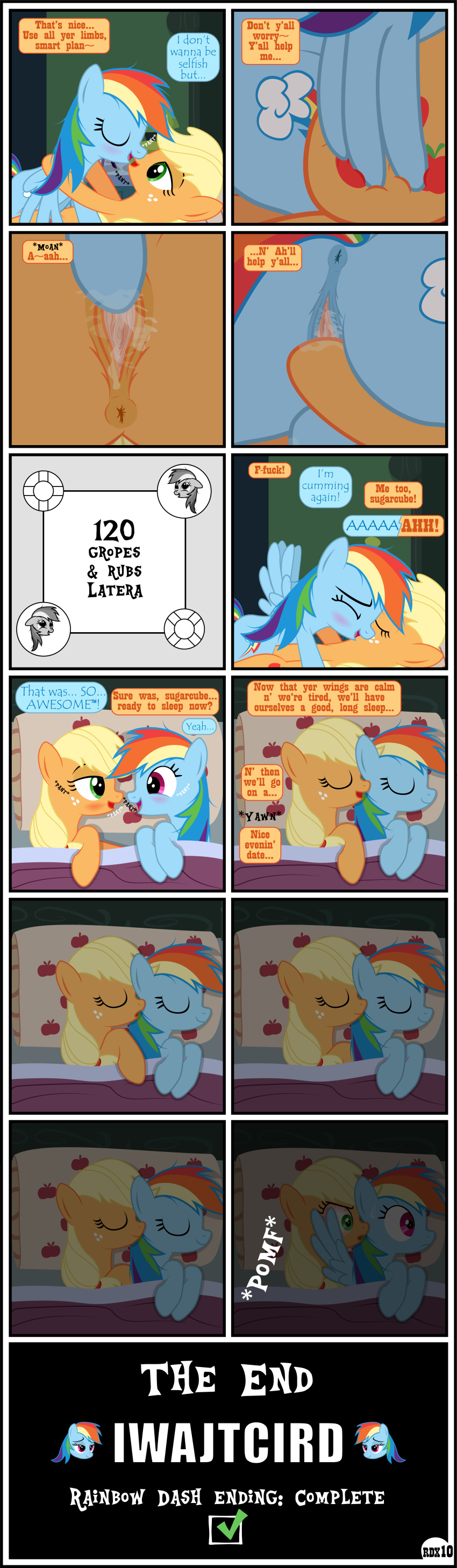 absurd_res anus applejack_(mlp) blonde_hair comic dialogue duo end_page english_text equid female female/female feral friendship_is_magic furry genitals group gutovi-kun hair hi_res mammal my_little_pony orange_body page_10 page_number pussy rainbow_dash_(mlp) text vaginal_penetration wing_boner yuri