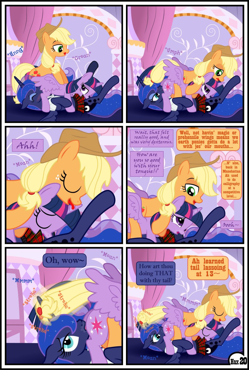 69_position absurd_res applejack_(mlp) blonde_hair clothing comic dialogue english_text equid female female/female feral friendship_is_magic furry group group_sex gutovi-kun hair hat headgear headwear hi_res mammal my_little_pony oral orange_body page_20 page_number princess_luna_(mlp) sex text threesome twilight_sparkle_(mlp) yuri