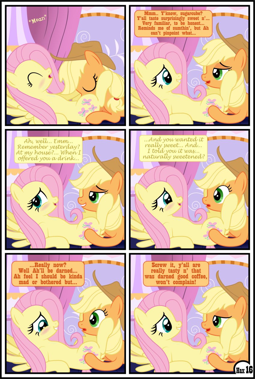 absurd_res applejack_(mlp) blonde_hair clothing comic cunnilingus dialogue duo english_text equid female female/female feral fluttershy_(mlp) friendship_is_magic furry gutovi-kun hair hat headgear headwear hi_res mammal my_little_pony oral orange_body page_16 page_number sex text vaginal_penetration yuri