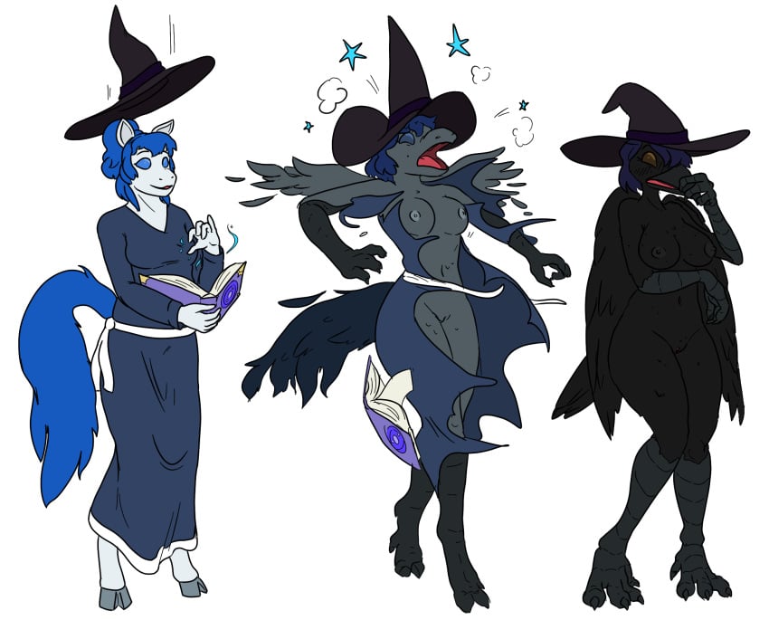 1girls 2019 4_toes 5_fingers anthro anthro_only avian bird bird_feet bird_girl bird_humanoid bird_wings black_claws black_nipples black_plumage black_skin blue_eyes blue_hair book breasts claws clothed clothed_female clothes clothes_ripping clothing corvivus_(genus) crow equid equine female female_only fur furry grey_nipples hair hat headgear headwear hi_res horse horse_ears horse_girl horse_head horse_humanoid horse_tail looking_down magic mouth_open naked nipples nude nude_female open_mouth plumage pointy_ears prurientpie pussy raven_(bird) short_hair simple_background solo species_transformation stars surprise tied_hair tongue transformation transformation_sequence vagina white_background white_fur wing_growth witch_hat yellow_eyes