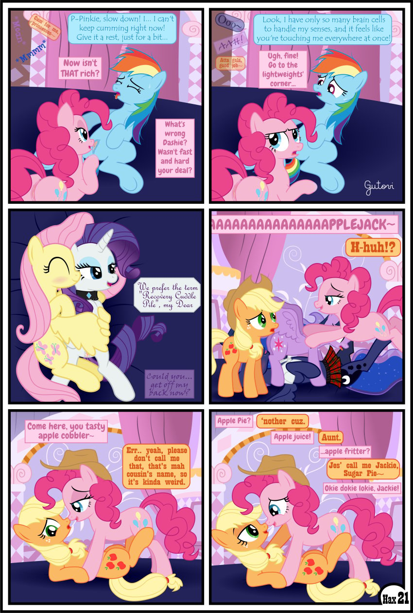 69_position absurd_res applejack_(mlp) blonde_hair clothing comic dialogue english_text equid female female/female feral fluttershy_(mlp) friendship_is_magic furry genitals gutovi-kun hair hat headgear headwear hi_res mammal mane_six_(mlp) my_little_pony oral orange_body page_21 page_number pinkie_pie_(mlp) princess_luna_(mlp) pussy rainbow_dash_(mlp) rarity_(mlp) sex text twilight_sparkle_(mlp) yuri