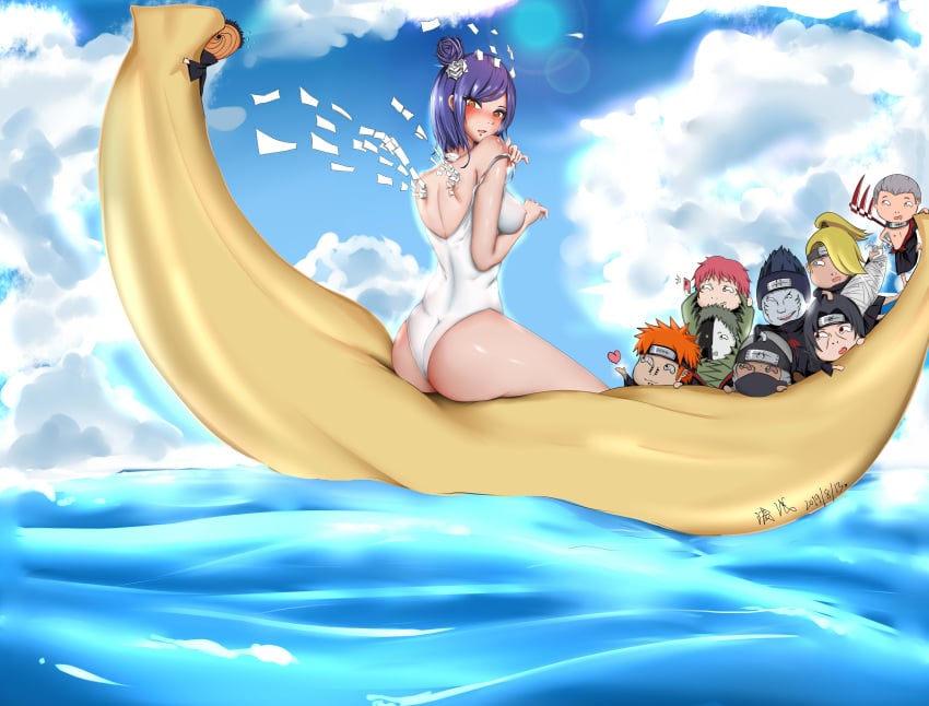 1girls 6+boys 9boys akatsuki_(naruto) ass banana_boat black_zetsu blowing_kiss boat breasts cellphone chibi deidara excited female heart hidan hoshigaki_kisame kakuzu konan looking_at_another male multiple_boys naruto naruto_shippuden nipples ocean pain_(naruto) paper recording sasori seisen sideboob sitting_on_object swimsuit tobi uchiha_itachi uchiha_obito watching water wet_body wet_clothes zetsu