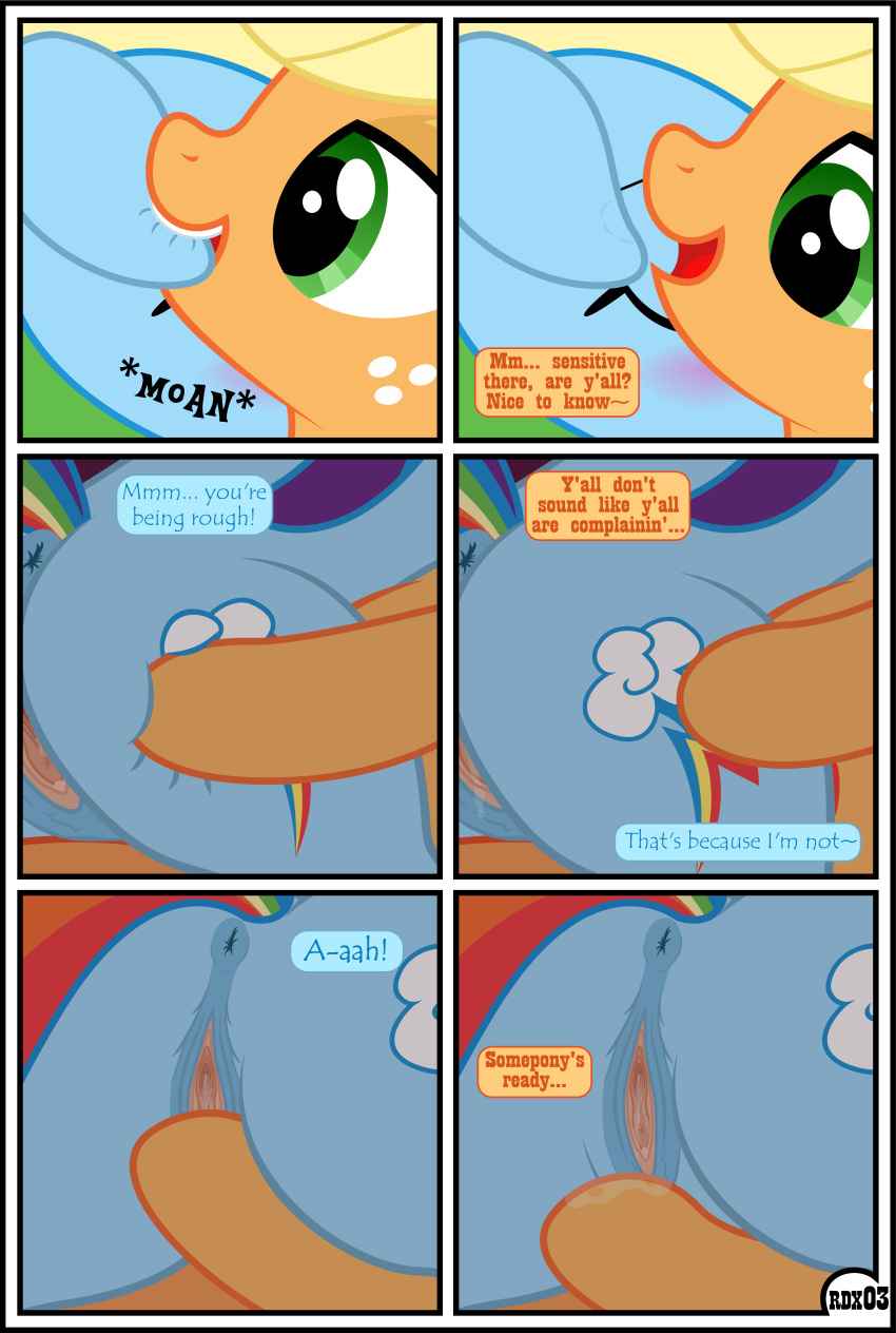 absurd_res anus applejack_(mlp) blonde_hair comic dialogue duo english_text equid female female/female feral friendship_is_magic furry genitals group gutovi-kun hair hi_res mammal my_little_pony orange_body page_3 page_number pussy rainbow_dash_(mlp) text yuri