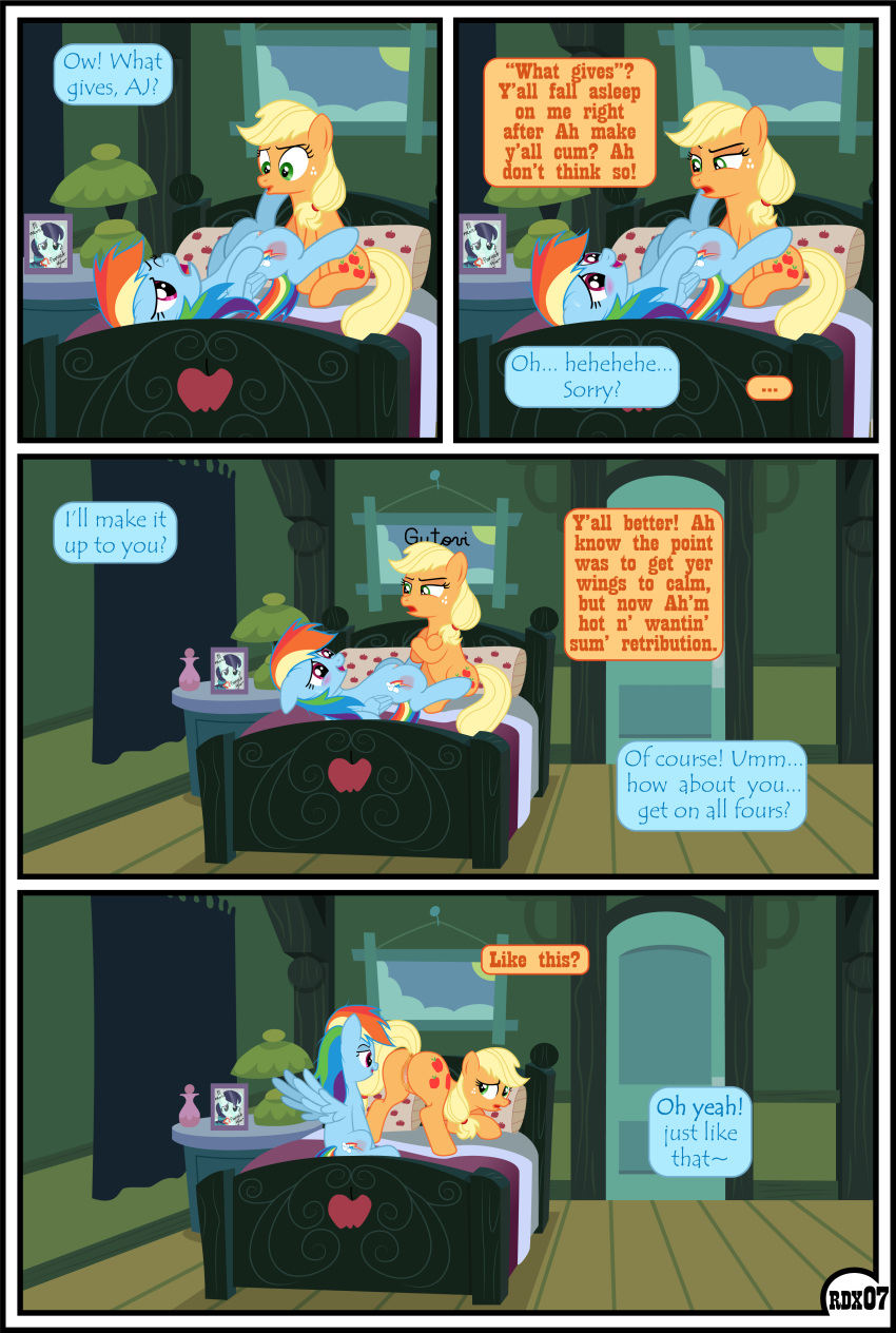 absurd_res applejack_(mlp) ass ass_up big_butt blonde_hair comic dialogue duo english_text equid female female/female feral friendship_is_magic furry genitals group gutovi-kun hair hi_res mammal my_little_pony orange_body page_7 page_number pussy rainbow_dash_(mlp) text yuri