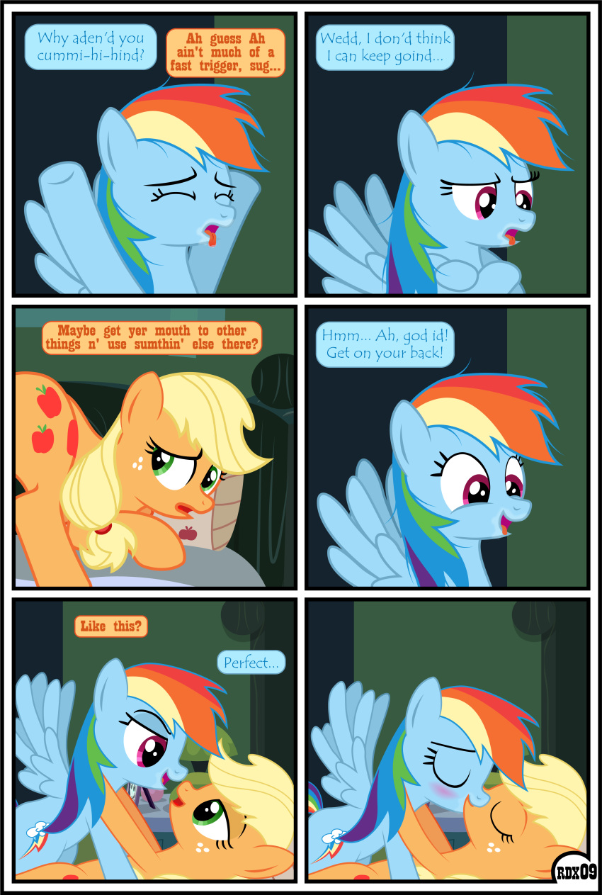 absurd_res applejack_(mlp) blonde_hair bodily_fluids comic dialogue duo english_text equid female female/female feral friendship_is_magic furry genital_fluids group gutovi-kun hair hi_res mammal my_little_pony orange_body page_9 page_number pussy_juice rainbow_dash_(mlp) text yuri