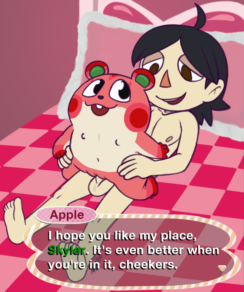 1boy 1girls animal_crossing animal_crossing_boy animal_crossing_new_leaf annie-mae apple_(animal_crossing) balls bed bedroom belly_button big_eyes black_hair cowlick cute furry hamster human naked nintendo nipples one_tooth original_character penis pink_fur reverse_cowgirl_position sex shortstack skylar_ross smile villager_(animal_crossing)