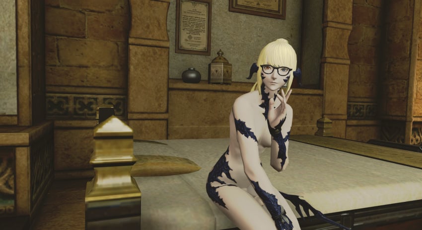 1futa au_ra blonde_hair final_fantasy final_fantasy_xiv full-package_futanari futanari glasses gpose(ffxiv) looking_at_viewer ponytail scales screencap seductive sitting_on_bed skinny small_breasts solo_futa threnody