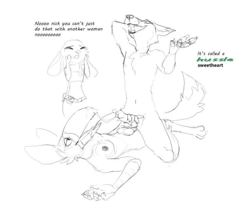 anthro avian balls bird bodily_fluids breasts canid canine clothed clothing crying cuckquean cum dialogue disney english_text fangs female fox fur genital_fluids genitals group handjob humor judy_hopps lagomorph leporid male mammal meme navel nick_wilde nipples nude on_top penis penis_grab rabbit red_fox sketch straight tears text toucan wetchop zootopia