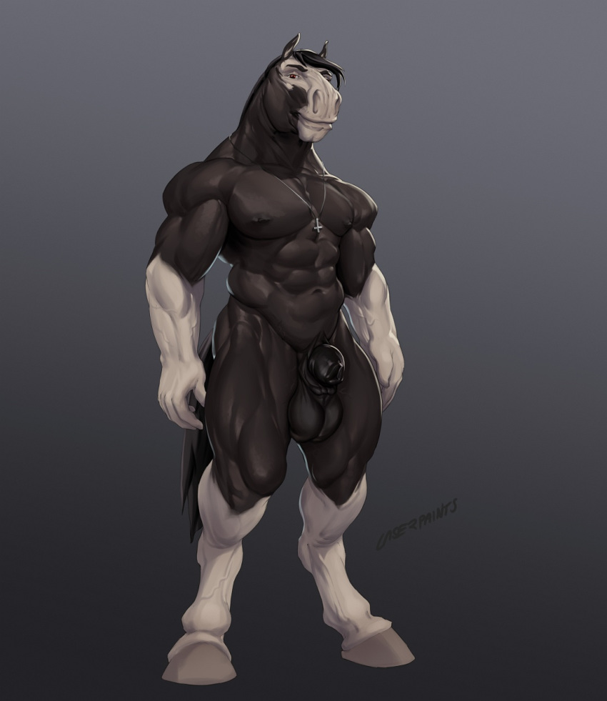 2020 abs animal_genitalia anthro balls biceps black_hair cross digitigrade equid equine flaccid genitals gradient_background hair hi_res hooves horse inverted_cross jewelry laser_(artist) looking_at_viewer male male_only mammal muscular necklace pecs penis sheath simple_background smile smirk solo thigh_muscles