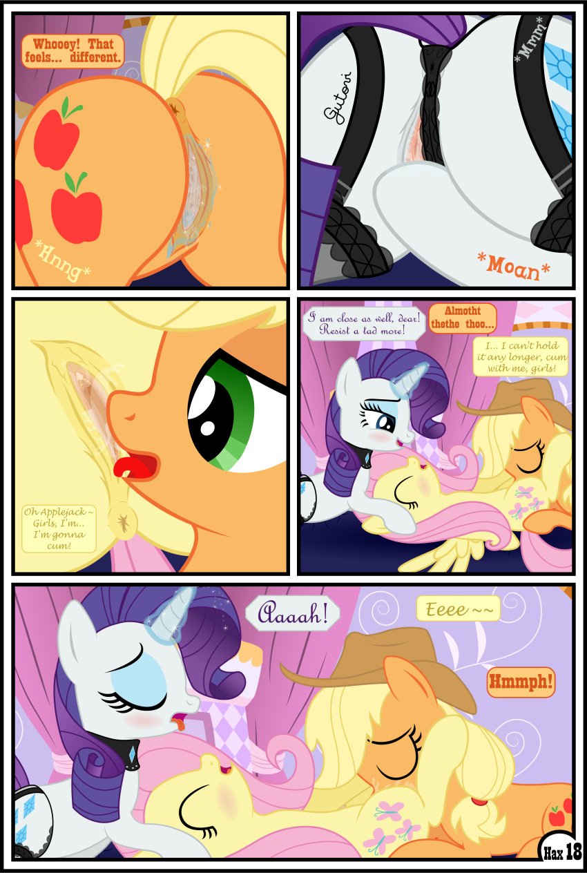 absurd_res anus applejack_(mlp) blonde_hair bodily_fluids clothing comic cum_announcement cunnilingus dialogue english_text equid female female/female feral fluttershy_(mlp) friendship_is_magic furry genital_fluids genitals group group_sex gutovi-kun hair hat headgear headwear hi_res letterbox magic mammal my_little_pony oral orange_body page_18 pussy pussy_juice rarity_(mlp) sex text threesome vaginal_penetration yuri