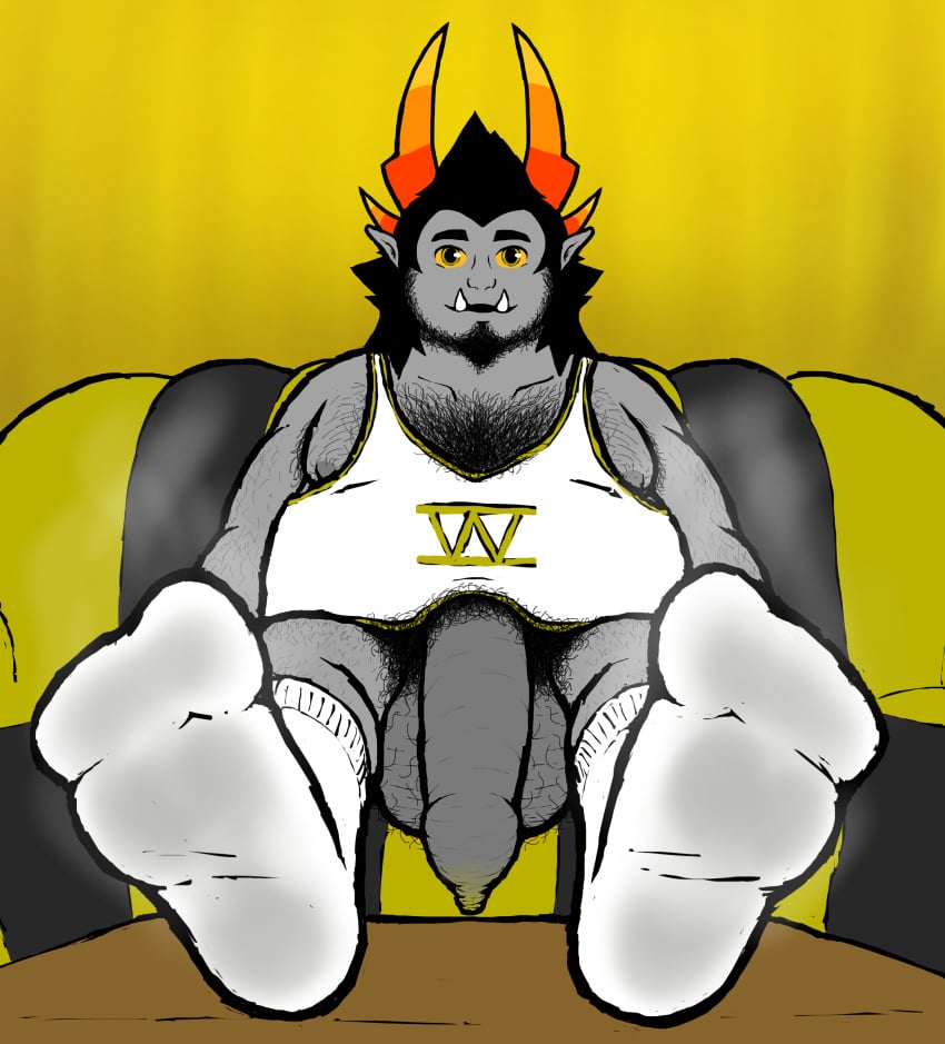 absurd_res aged_up arm_hair armpit_hair balls beard big_balls big_penis black_hair body_hair chest_hair clothed clothing facial_hair fangs feet flaccid foot_fetish foot_focus foreshortening foreskin furniture genitals goatee grey_skin hairy hairy_balls hi_res hiveswap horns huge_balls huge_cock hyper hyper_balls hyper_genitalia hyper_penis leg_hair legwear male male_only mintgears ms_paint_adventures musk obese obese_male overweight overweight_male partially_clothed penis pubes shirt short_hair sitting smelly smelly_feet smelly_socks socks sofa soles solo solo_focus tank_top topwear troll uncut webcomic yellow_background yellow_eyes zebede_tongva