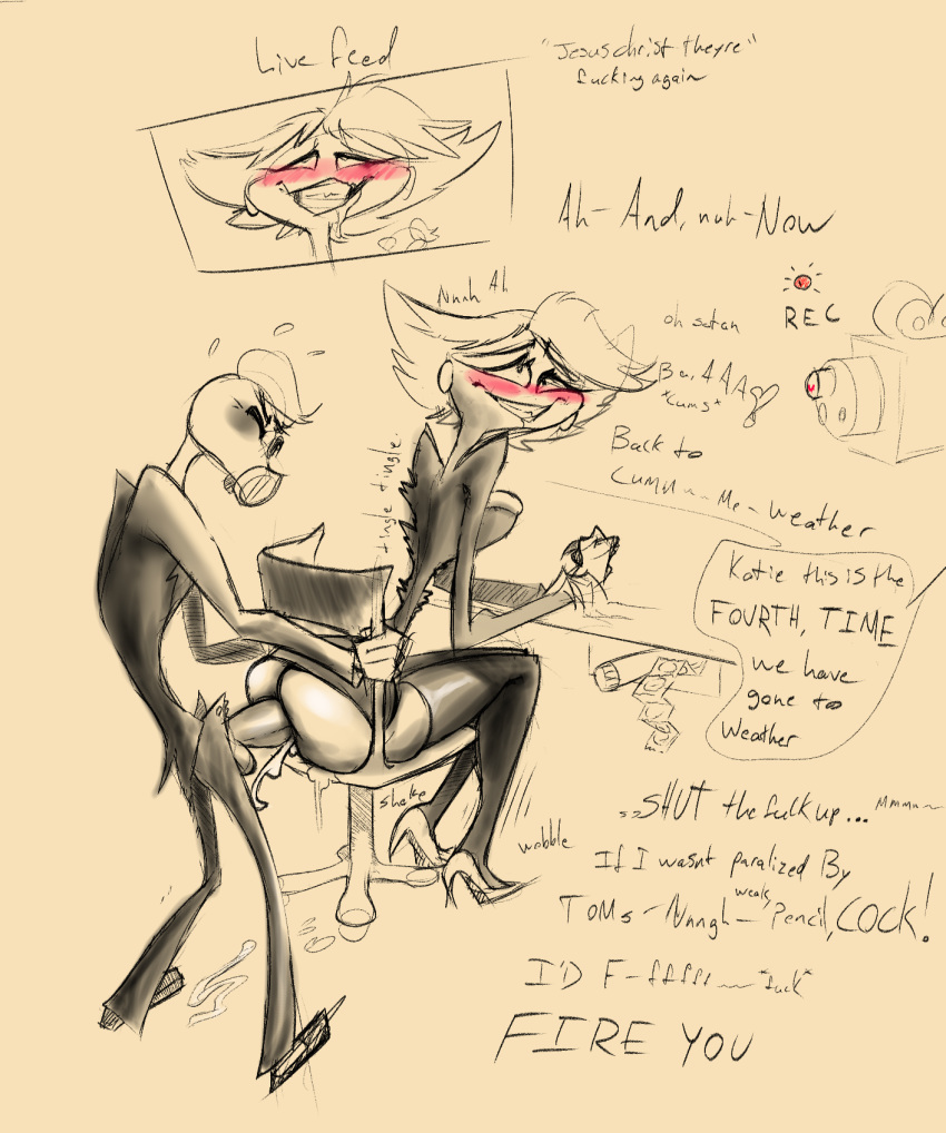 1boy 1girls ahe_gao anal artblush ass big_butt big_penis blush bottomless bullying business_suit clothed clothing cum cum_in_ass demon dialogue drawn english_text faceless_male female footwear gas_mask genitals hazbin_hotel heart hi_res high_heels katie_killjoy looking_pleasured male mask penetration penis public sharp_teeth shoes smooth_skin straight suit teeth text tom_trench vivienne_medrano wide_hips