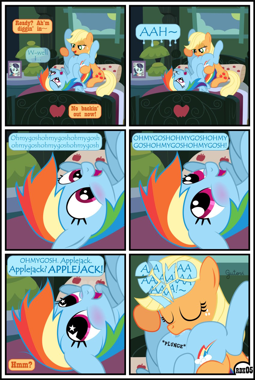 absurd_res applejack_(mlp) blonde_hair comic cunnilingus dialogue duo english_text equid female female/female feral friendship_is_magic furry group gutovi-kun hair hi_res mammal my_little_pony oral orange_body page_5 page_number rainbow_dash_(mlp) sex text vaginal_penetration yuri