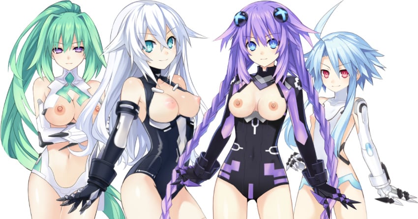 black_heart blanc breasts cpu_(neptunia) female_only goddess green_heart medium_breasts multiple_girls neptune_(neptunia) neptunia_(series) nipples noire official_copyright power_symbol-shaped_pupils purple_heart_(neptunia) smile third-party_edit vert white_heart