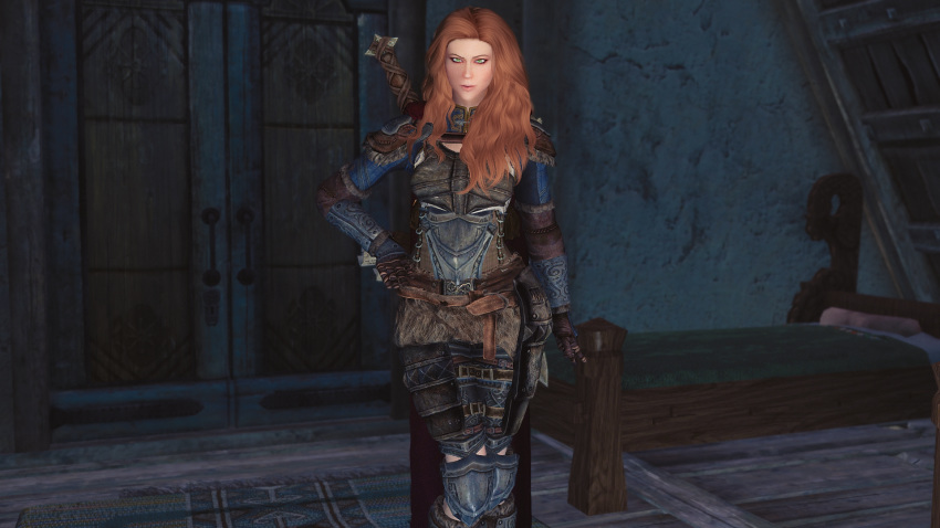 armor bethesda_softworks chestplate female female_only game_screenshot gauntlets ginger green_eyes mashup nord red_hair skyrim sword the_elder_scrolls