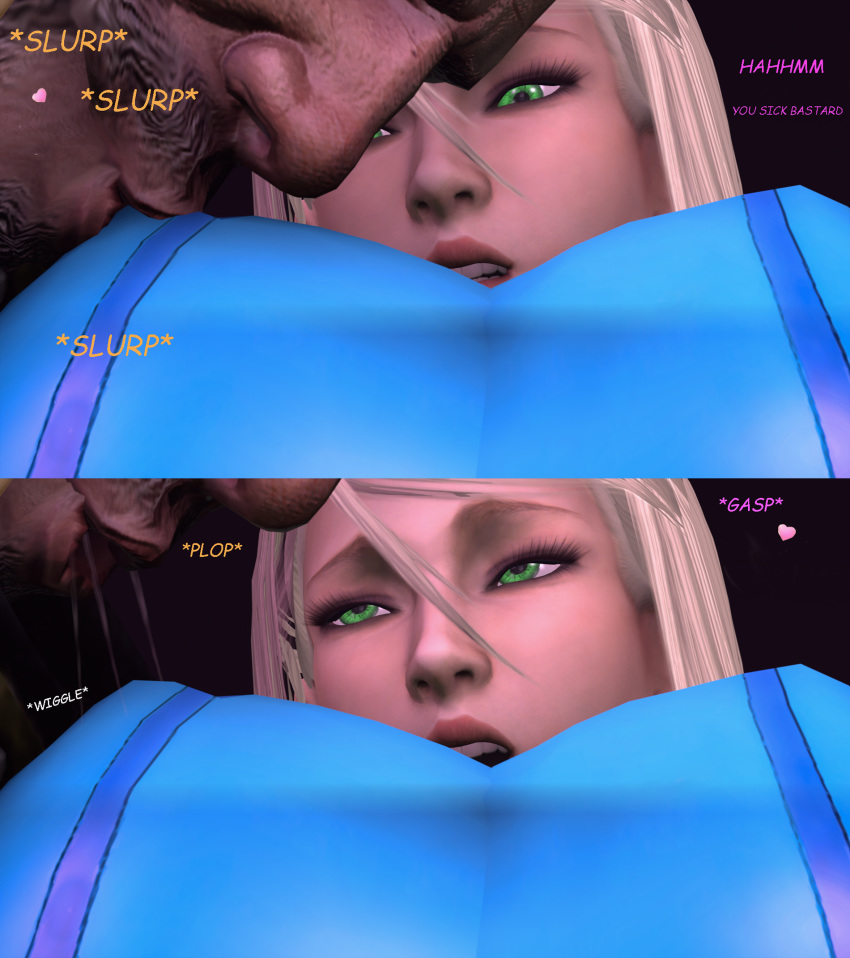 3d bitter_babe blonde_hair bodysuit breast_sucking green_eyes hair_between_eyes ironside latex_suit metroid moaning molestation nasty nintendo rape saliva_string saliva_trail samus_aran sarah_bryant_(model) zero_suit_samus