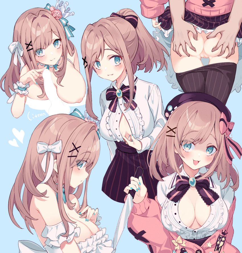 :3 :d anus aqua_nails arm_garter ass ass_grab bangs black_bow black_headwear black_legwear blue_background blue_eyes blue_nails blush bow breasts brooch brown_hair brown_nails buttons cardigan center_frills cleavage collared_shirt commentary crown dress_shirt eyebrows_visible_through_hair female frilled_skirt frills grabbing_another's_ass groping hair_bun hair_intakes hair_ornament hair_over_one_eye hairbow hairclip hand_up hands_on_ass hat_pin highres holding holding_knife jewelry knife lifted_by_self litsvn long_sleeves looking_at_viewer medium_hair nail_polish nijisanji no_bra no_panties off_shoulder open_cardigan open_clothes open_mouth open_shirt paizuri pantyhose pink_cardigan ponytail pussy shirt simple_background skirt skirt_lift sleeves_past_wrists smile solo striped striped_bow striped_legwear striped_skirt suzuhara_lulu vertical-striped_legwear vertical-striped_skirt vertical_stripes virtual_youtuber white_shirt x_hair_ornament