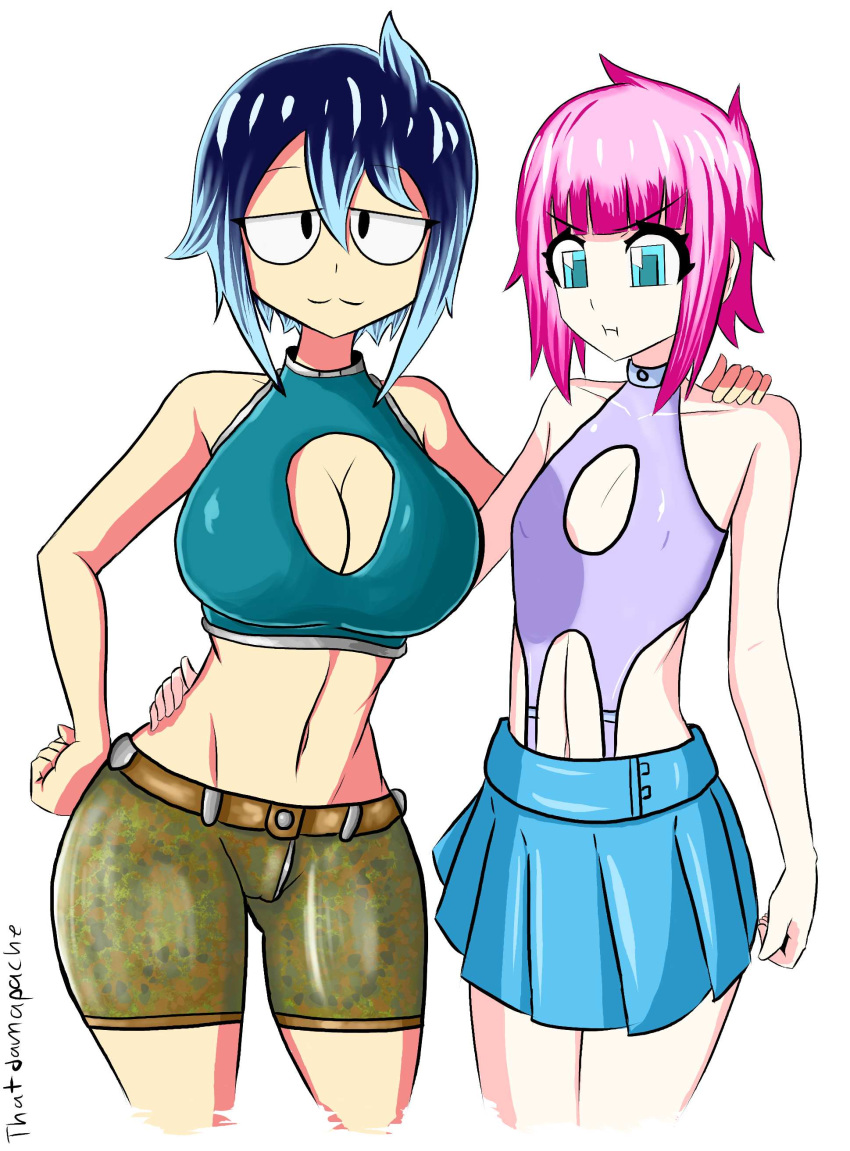 2girls :3 big_breasts blue_eyes blue_hair breasts cherry_hanson cleavage_cutout clothed flat_chest looking_at_viewer multiple_girls open_shirt pink_hair shelby_springfield short_pants skirt sleeveless thatdamapache thick_thighs thighs white_background