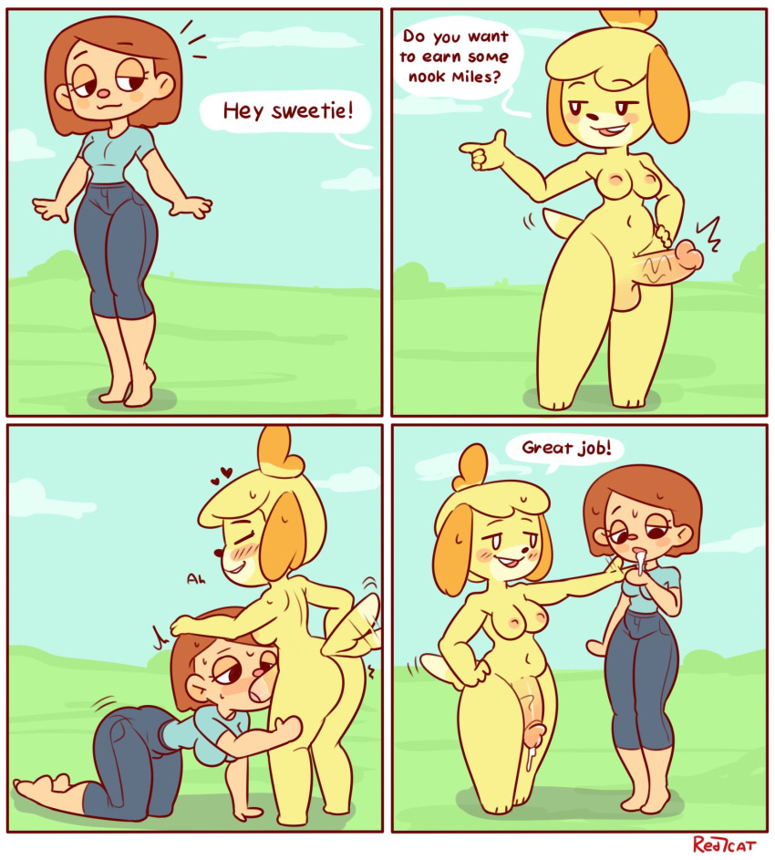 1futa 1girls animal_crossing animal_crossing_girl anthro areolae balls barefoot bent_wrist blush breasts canid canine canis cum cum_drip cumshot dickgirl domestic_dog duo ejaculation english_text erect_nipples erection featureless_feet featureless_hands fellatio female female_on_anthro fully_clothed furry futa_on_female futanari genitals heart highres human human_on_anthro intersex interspecies isabelle_(animal_crossing) large_breasts mammal nintendo nipples nude oral penile penis red7cat sex testicles text villager_(animal_crossing) wide_hips