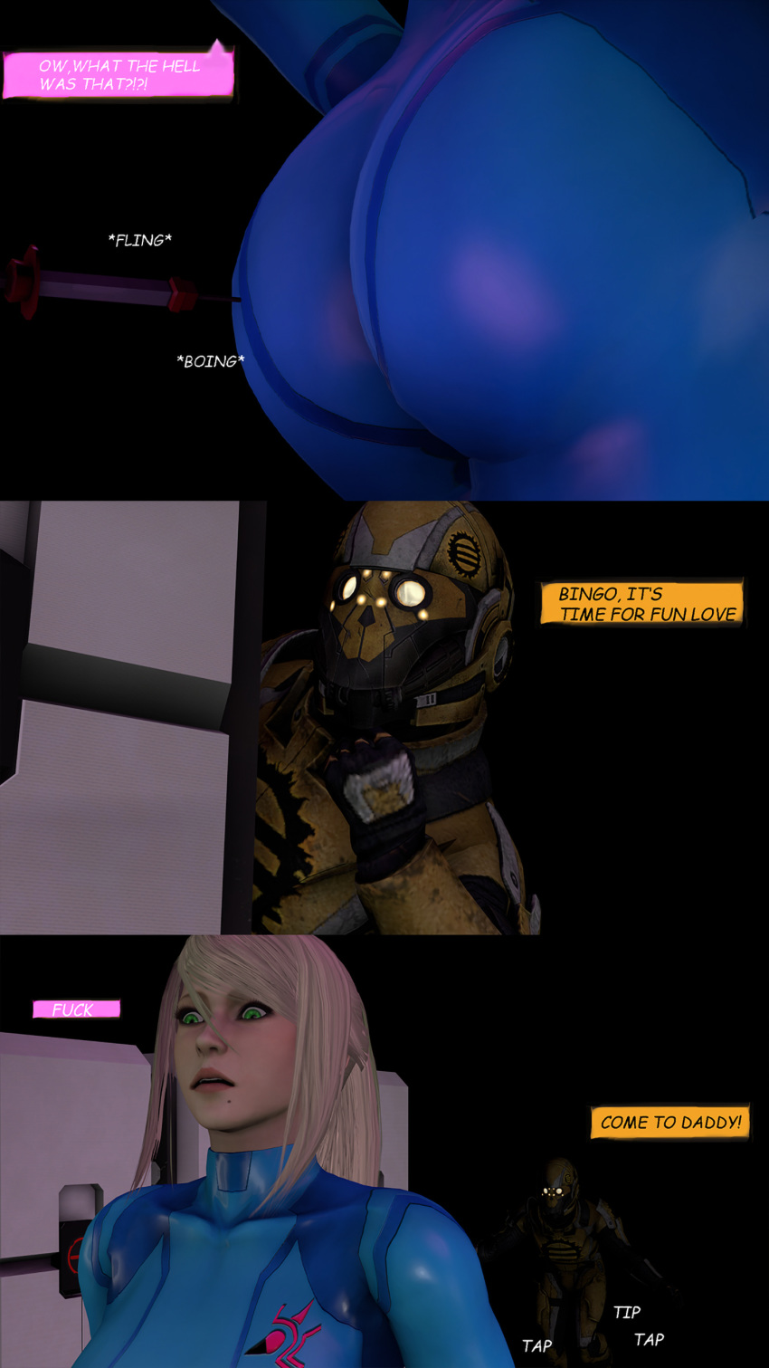 3d bitter_babe blonde_hair bodysuit comic female green_eyes ironside male male/female metroid mole_under_mouth nintendo page_2 ponytail rape samus_aran sarah_bryant_(model) sidelocks syringe