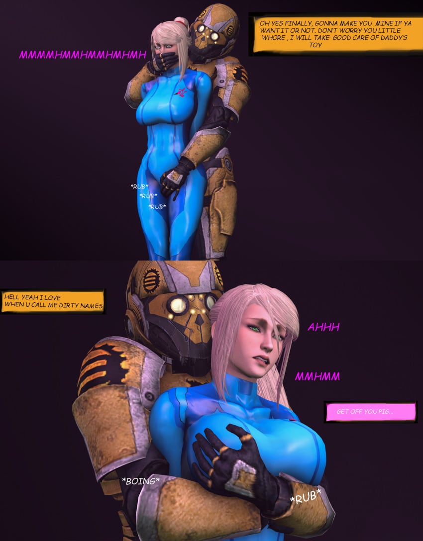 3d big_breasts bitter_babe blonde_hair bodysuit comic dialogue green_eyes ironside latex_suit metroid mole_under_mouth molestation nintendo page_3 ponytail rape rubbing samus_aran sarah_bryant_(model) sidelocks text