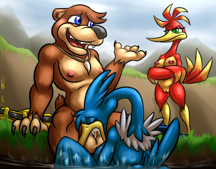 1boy 2girls anthro anthrofied avian banjo-kazooie banjo_(banjo-kazooie) bassy_wolfeh beak bear blue_eyes bodily_fluids breasts breegull clothing collar cramorant crossed_arms crossover cum discarded_clothing eye_contact eyelashes fellatio female frown furry genital_fluids group half-closed_eyes interspecies kazooie larger_male long_neck looking_at_another male mammal mountain neck_bulge nintendo nipples nude oral outside pokémon_(species) pokemon pokemon_ss public pussy rareware sitting size_difference standing thick_thighs thigh_gap ursid video_games water wet wide_hips