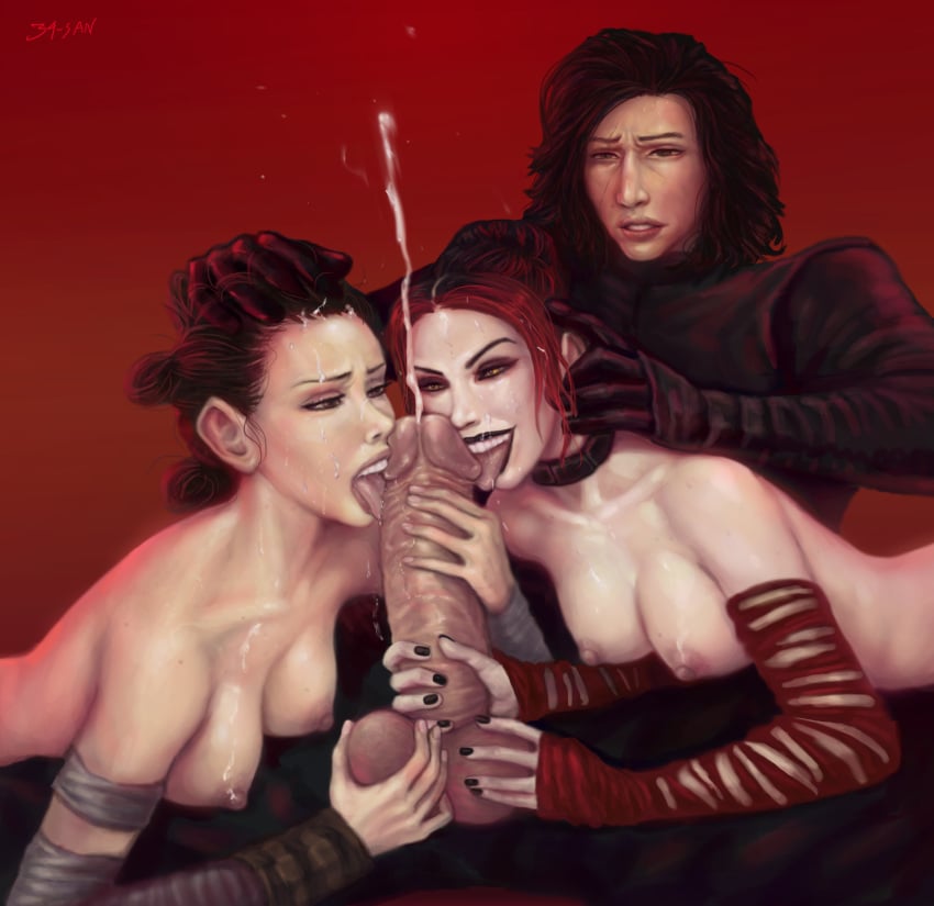 1boy 2girls 34-san black_lipstick black_nails breasts celebrity choker clone clonecest clones cum daisy_ridley ejaculation fellatio female kylo_ren licking male nipples oral penis real_person red_hair rey sith_rey star_wars threesome