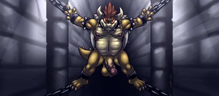 armband balls bassy_wolfeh bowser chained chains collar dungeon genitals half-erect horn koopa looking_at_viewer male male_only mario_(series) musclegut nintendo nipples nude penis red_eyes sagging_balls scalie solo spiked_armband spiked_collar spikes suspension video_games