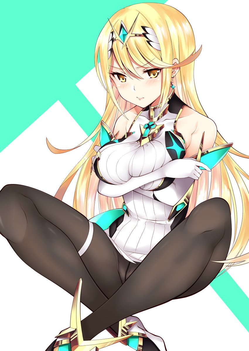 1girls absurdres bare_shoulders blonde_hair blush breasts chest_jewel choker commentary_request crossed_arms daive earrings elbow_gloves eyebrows_visible_through_hair female gem gloves green_background hair_between_eyes headpiece highres hikari_(xenoblade_2) jewelry kneeling large_breasts legs long_hair looking_at_viewer mythra nintendo simple_background sitting sitting_indian_style solo thighs two-tone_background upset white_background white_gloves xenoblade_(series) xenoblade_chronicles_2 yellow_eyes