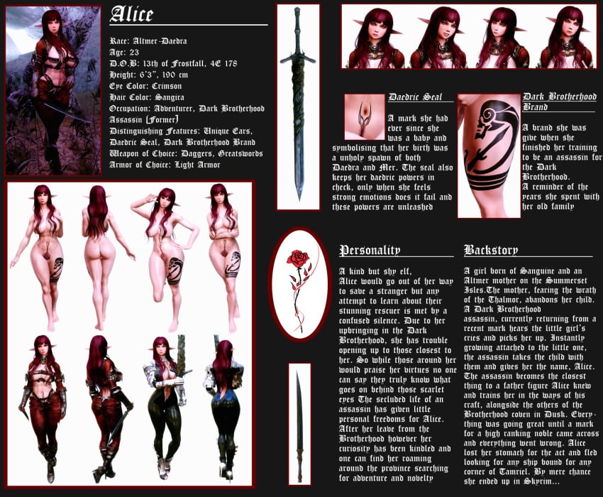 3d bethesda_softworks character_profile character_sheet elf exposed_breasts exposed_pussy fantasy female female_only high_heel_boots high_heeled_boots high_heels huge_breasts long_hair necrosisxiii nude open_toe_shoes original_character pose pubic_hair skyrim solo solo_female sword tattoo the_elder_scrolls thick_thighs