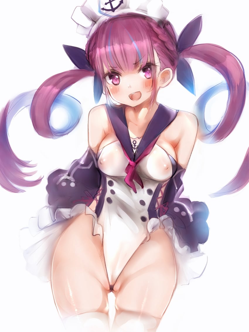 ahoge anchor_symbol arms_behind_back ass_visible_through_thighs azur_lane bangs bare_shoulders blue_eyes blue_hair blush braid breasts cameltoe collarbone covered_nipples detached_sleeves eyebrows_visible_through_hair female french_braid hair_ribbon highres hololive hololive_gen_2 hololive_japan long_hair looking_at_viewer maid_headdress medium_breasts minato_aqua multicolored_hair nanashi_(nlo74593630) one-piece_swimsuit open_mouth purple_eyes purple_hair ribbon sailor_collar sideboob sitting smile solo swimsuit thighhighs tongue twintails two-tone_hair upper_teeth virtual_youtuber white_background white_legwear