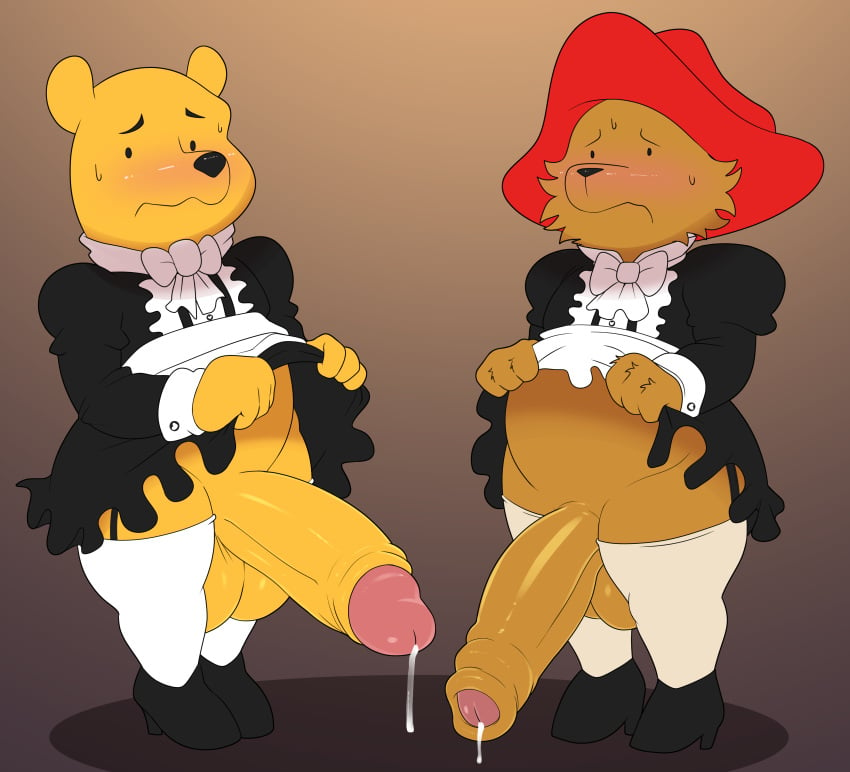 absurd_res animate_inanimate anthro blush brown_body brown_fur clothed clothing conditional_dnp crossdressing crossover cum digital_media_(artwork) disney dripping duo footwear foreskin fur glans headgear headwear hi_res high_heels jerseydevil legwear living_plushie maid_uniform male male/male male_only mammal paddington_and_company_limited paddington_bear partially_retracted_foreskin penis plushie pooh_bear shoes simple_background smooth_skin stockings uncut uniform ursid winnie_the_pooh_(franchise) yellow_body