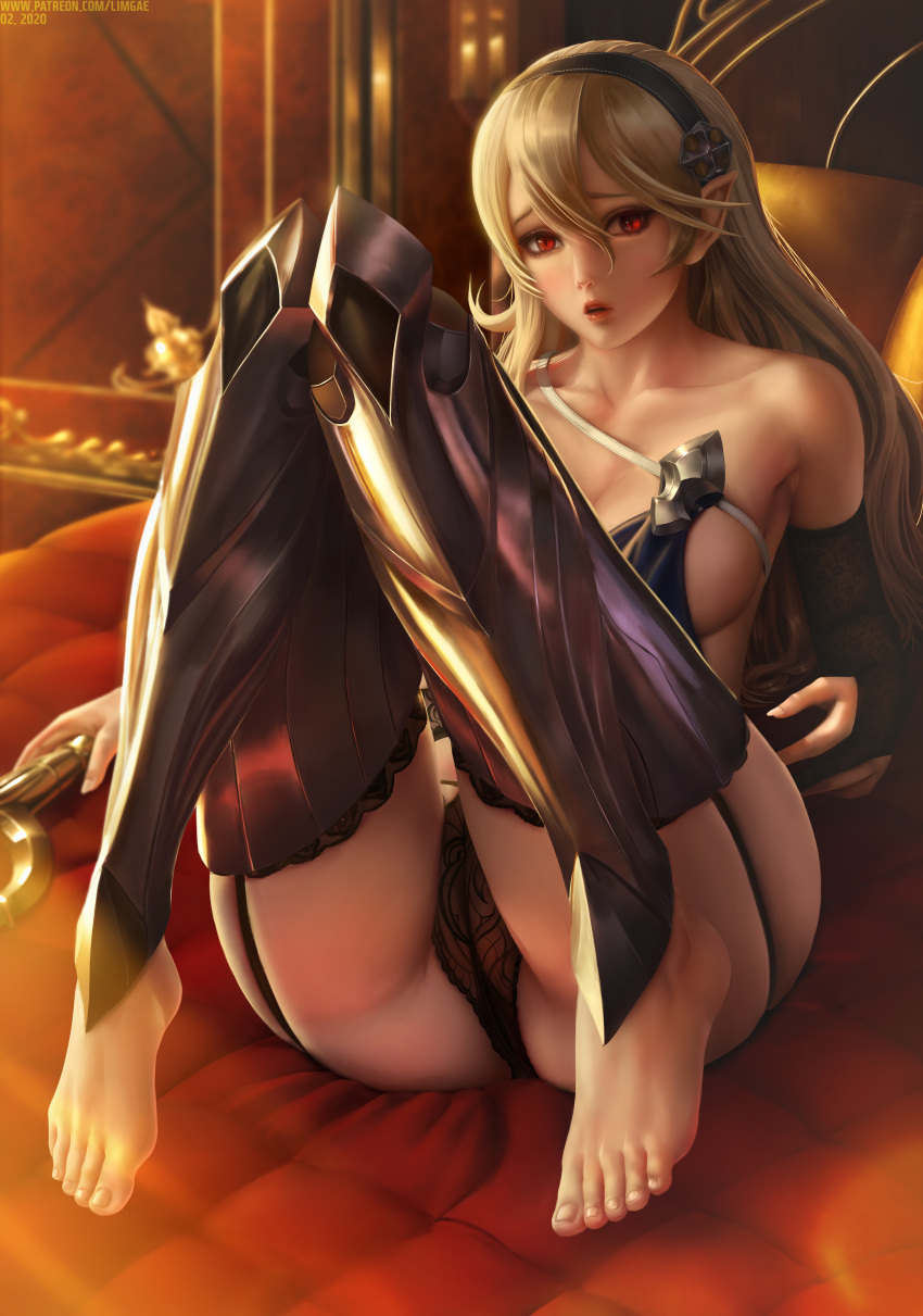 1girls absurdres armpits ass barefoot big_breasts blonde_hair breasts cameltoe cleavage corrin_(fire_emblem) corrin_(fire_emblem)_(female) dragon_ears dragon_eyes dragon_girl feet female female_only fire_emblem fire_emblem_fates hair_ornament high_resolution highres large_breasts limgae looking_at_viewer manakete open_mouth panties patreon pointy_ears red_eyes solo thick_thighs thighhighs toeless_legwear toes upper_teeth url