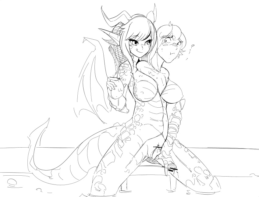 2017 absurd_res animal_humanoid breasts censored dragon dragon_humanoid duo futanari genitals gynomorph hi_res horn human humanoid humanoid_pointy_ears intersex living_clothing male mammal membrane_(anatomy) membranous_wings monochrome mxl nipples penis pussy simple_background smile white_background wings