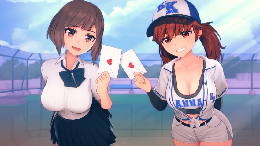 2girls 3d anna_anon anna_skyler baseball_cap baseball_uniform big_breasts brown_eyes brown_hair cap cleavage clothed clothing ela_amano female fully_clothed koikatsu large_breasts light-skinned_female light_skin looking_at_viewer love_letter open_mouth original outside school_uniform schoolgirl short_hair shorts smile smug smug_smile standing twintails