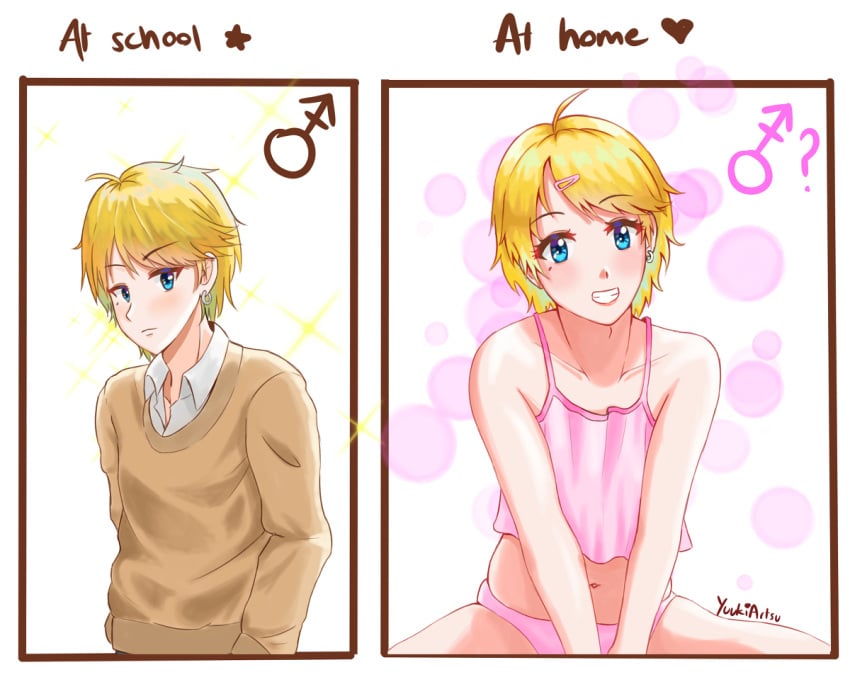 1boy blonde_hair blue_eyes blush crossdressing femboy feminine_male feminization girly grin hairclip male male_only mars_symbol otoko_no_ko otokonoko panties shirt tomgirl trap underwear yuukiartsu