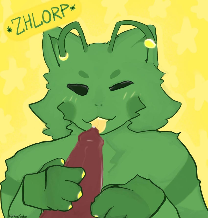 ambiguous_gender animal_genitalia animal_penis antennae_(anatomy) anthro aroused blush blush_lines domestic_cat duo felid feline felis forfigssake_(artist) fur genitals gnarpian gnarpy_(regretevator) green_body green_fur hand_on_penis hi_res knot licking male mammal one_eye_half-closed onomatopoeia oral pawpads paws penile penis penis_lick regretevator sex sound_effects text tongue tongue_out tuft