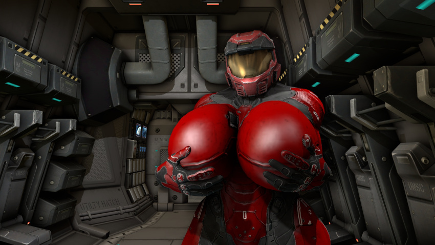 azul_uwu big_breasts female female_spartan_(halo) halo_(series) helmet holding_breast red_armor spartan_(halo)