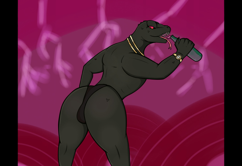 anthro anthro_only ass backsack balls beverage biped black_body black_clothing black_scales bottle bottomwear clock clothed clothing container epic_games forked_tongue fortnite genitals hi_res komodo_dragon lizard looking_at_viewer mageinthedark male male_only monitor_lizard open_mouth presenting presenting_hindquarters red_eyes reptile scales scalie solo teeth thunder_(fortnite) tongue topless underwear underwear_only watch wristwatch