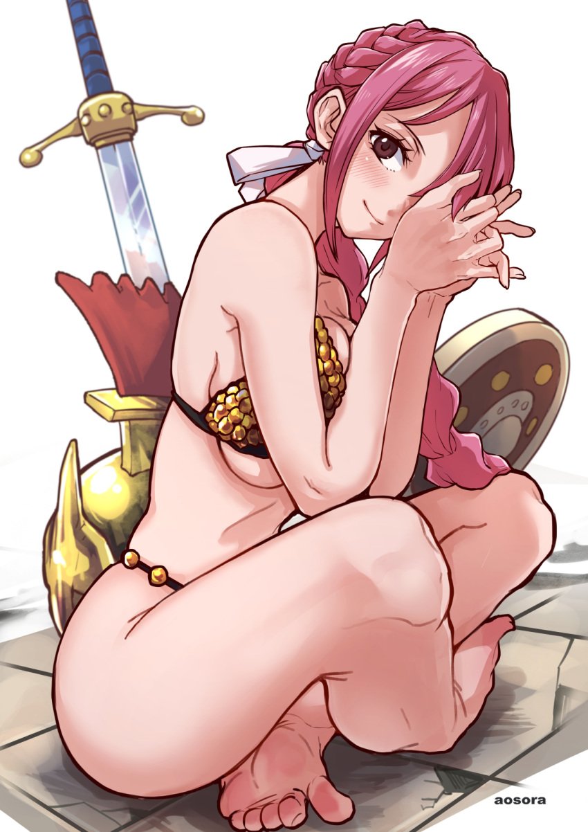 aosora barefoot barely_clothed bikini bikini_armor feet female female_only gladiator gladiatrix hourglass_figure one_piece pink_hair rebecca_(one_piece) sitting soles squished_breasts teen teenage_girl teenager toes voluptuous_teen