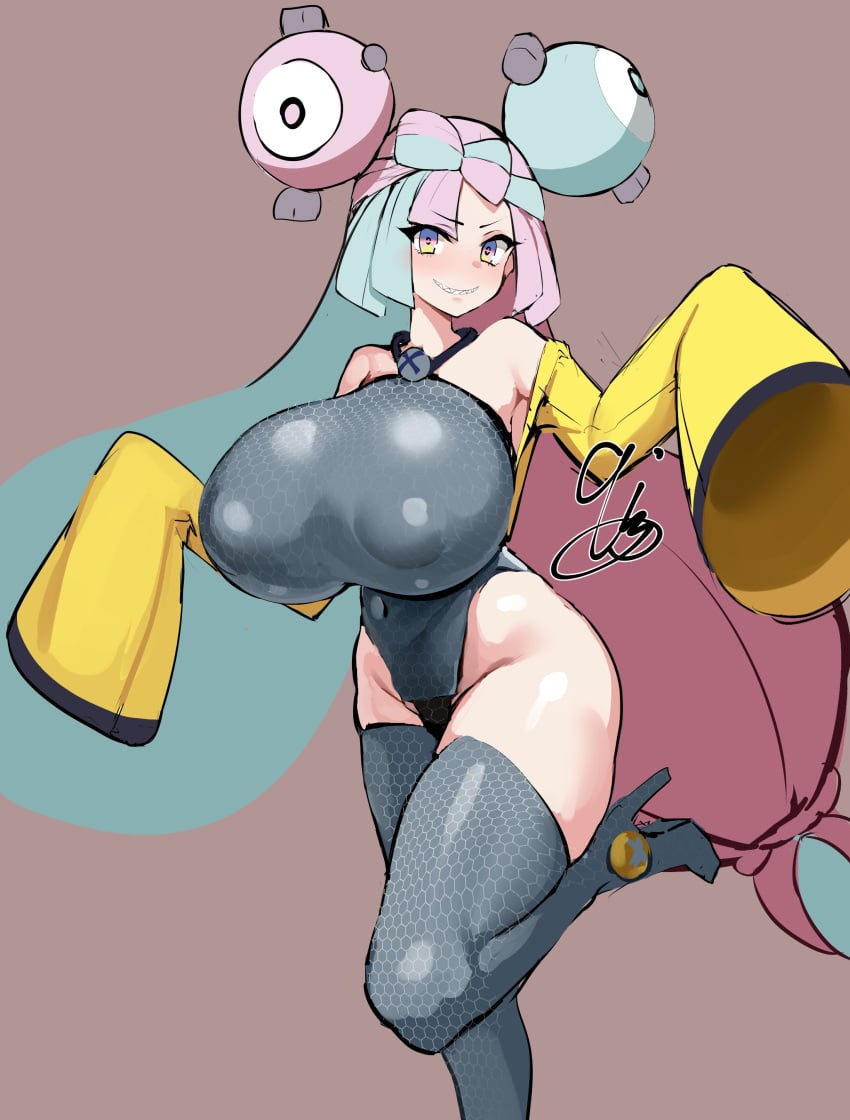 1girls 9is alternate_breast_size blue_hair breasts female gym_leader high_heel_boots high_heels huge_breasts iono_(pokemon) light-skinned_female light_skin long_hair nintendo pink_hair pokemon pokemon_sv thigh_boots