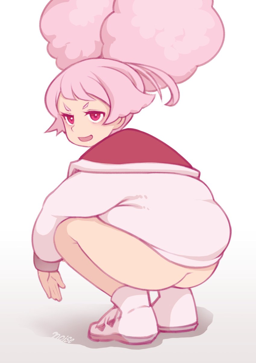 1girls afro_puffs artist_name ass bottomless chuatury_panlunch female female_only gundam gundam_suisei_no_majo jacket no_panties noise_(artist) pink_hair solo squatting white_background