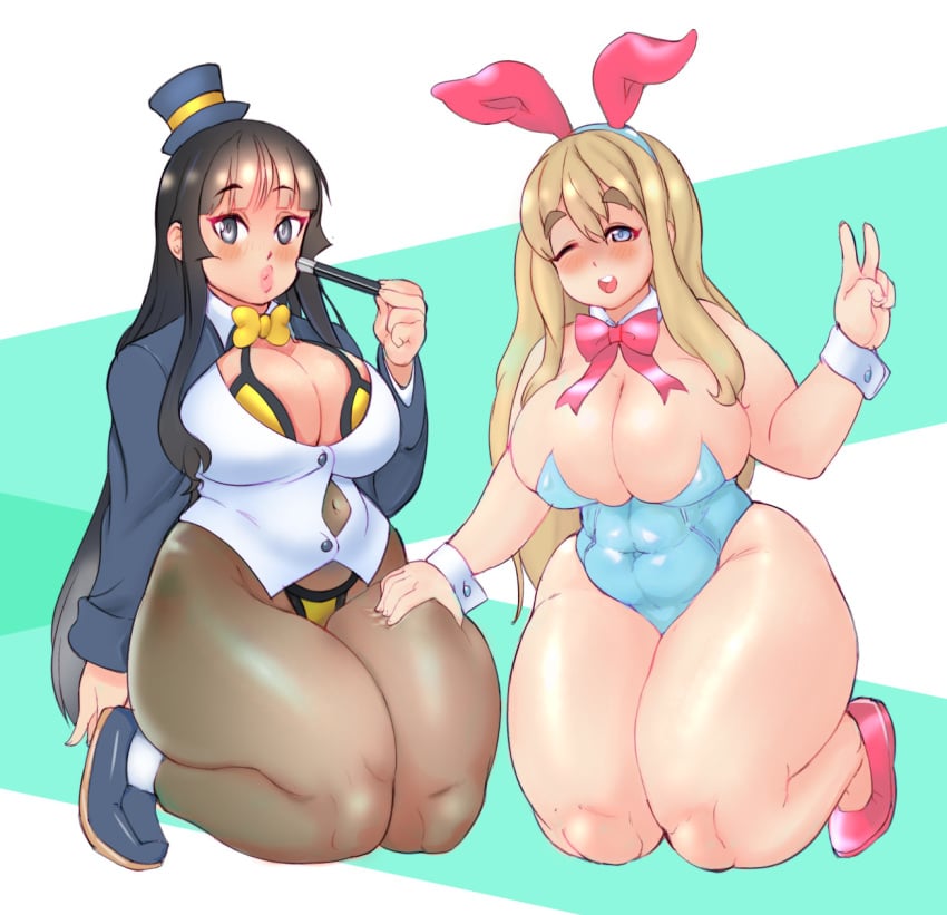 2girls belly black_hair blonde_hair blush bunny_ears bunny_girl bunnysuit busty chubby comically_tiny_hat cuffs curvy female female_only hand_on_thigh hat huge_breasts huge_thighs human human_only k-on! keigi_(artist) leotard lipstick long_hair magic_wand mio_akiyama_(k-on!) pantyhose peace_sign plump pursed_lips ribbon skindentation thick_thighs thigh_grab thigh_squish thong tiny_hat tsumugi_kotobuki_(k-on!) venus_body voluptuous wide_hips