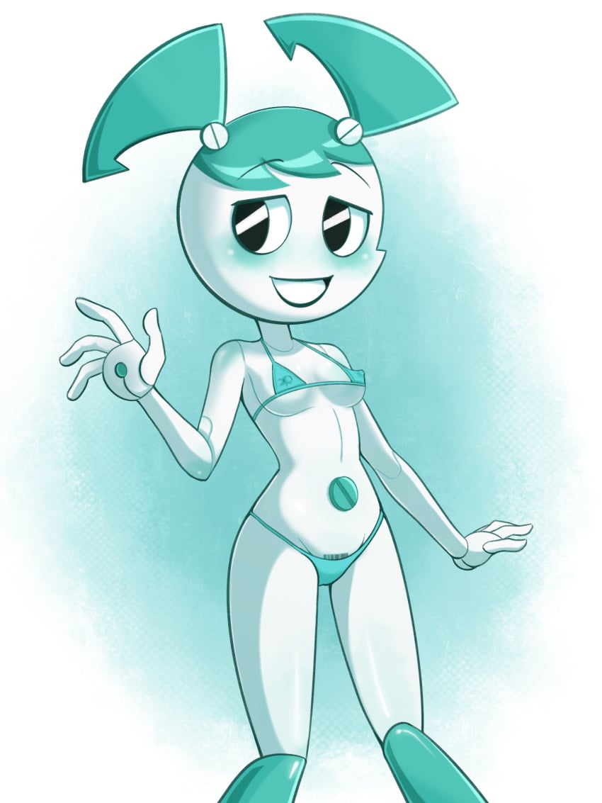 1girls bikini blue_hair blush breasts female female_only h_space hspace jenny_wakeman looking_at_viewer my_life_as_a_teenage_robot nickelodeon open_mouth robot robot_girl solo tongue white_body xj-9