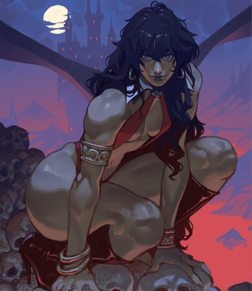 1girls bangs big_hips black_hair breasts cleavage crom crouching dinerforwolves dynamite_comics earrings female female_only heel_boots hi_res hips long_hair looking_at_viewer pale-skinned_female pale_skin pose skimpy skimpy_clothes small_breasts solo thick_thighs thighs vampire vampirella wide_hips